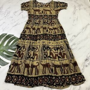 Bila Womens Vintage 90s Maxi Dress Size M Brown Dogs Animals Geometric Boho